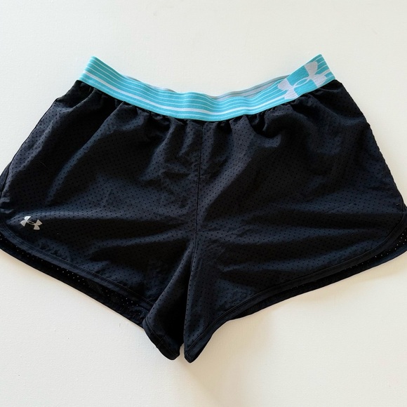 Under Armour Women’s Running Shorts Black Mesh Blue Logo Waistband - Picture 2 of 6